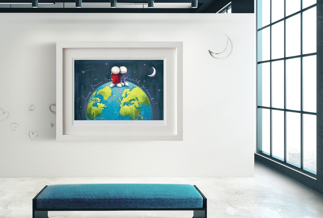 Love Makes The World Go Round by Doug Hyde, framed limited edition prints, hanging on a white wall allowing the stunning colours to catch the viewers attention
