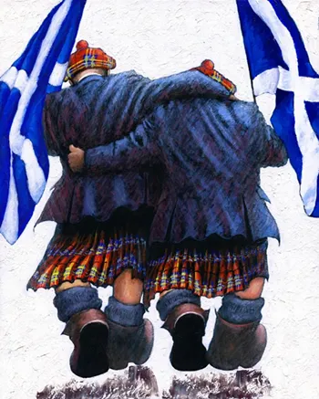 scottish artist Alexander Millar - united we stand - two men walking away with scottish flags and kilts
