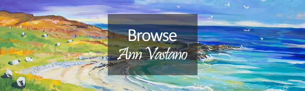 Original and Open Edition Art by Ann Vastano - colourful coastal scene with a beach and sheep