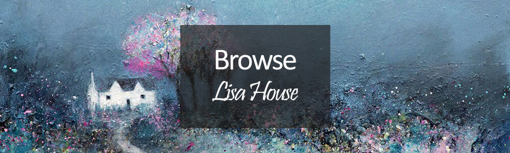 lisa house art - white croft house in dark blue landscape with meadow flowers