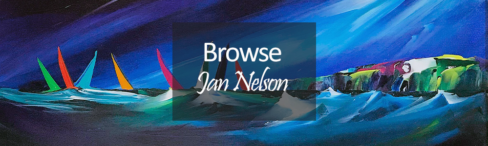 Jan Nelson Original Art - colourful sailing boats on sea near cliffs