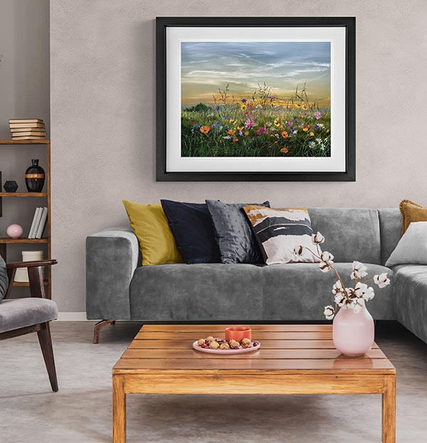 Art by Style - Kimberley Harris Contemporary Landscape and Floar Art - Wild floral meadow with bright coloured flowers and a blue sky