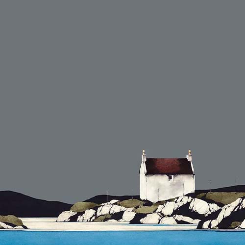 Ron Lawson Coastal Waters Signed Limited Edition Print - Image of a croft house by the coast, blue water