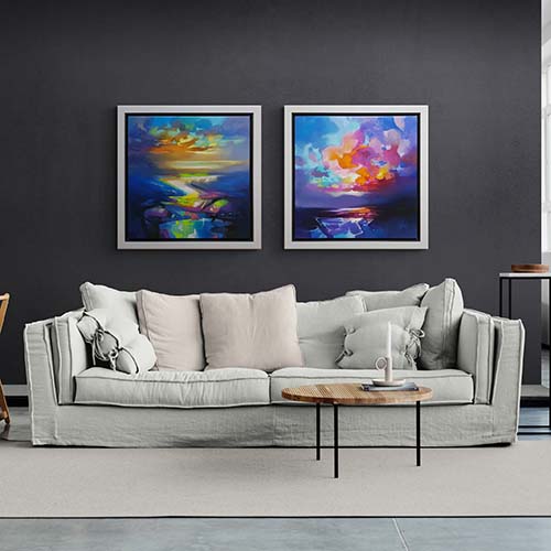 Two Original Paintings by Scott Naimsith in Situ above a Sofa