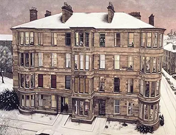scottish artist avril paton - windows in the west - glasgow stone building covered in snow with people in windows