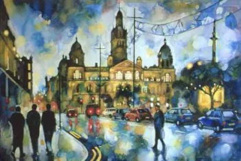 scottish artist bryan evans - george sqaure - rainy scene at dusk in city suare with people and traffic