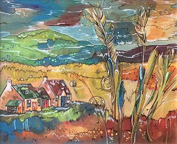 scottish artist camassia bruce - five bales - rural landscape scene with cottages