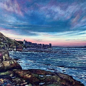scottish artist Catriona MacEachen - high tide at st andrews castle - castles ruins on rocky coastline with sunset