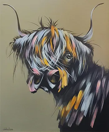 scottish artist Elaine Johnston - mcdougal head of highland cow with horns in loose style