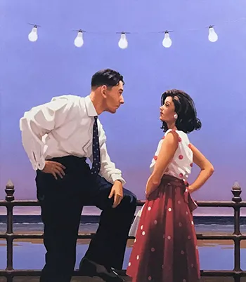 scottish artist Jack Vettriano - the big tease - man and woman gazing at each other leaning on railings by the coast