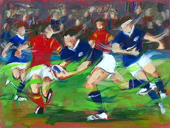 scottish artist Janet McCrorie - well held - players running with ball in rugby match