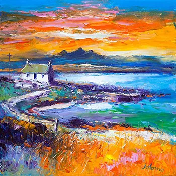 scottish artist John Lowrie Morrison - A Jura Sunset from Port Nan Gallan, Keills - colourful coastal landscape with mountains and white croft