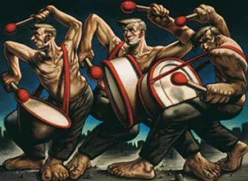 scottish artist Peter Howson - drum II - 3 topless barefoot men beating red and white drums