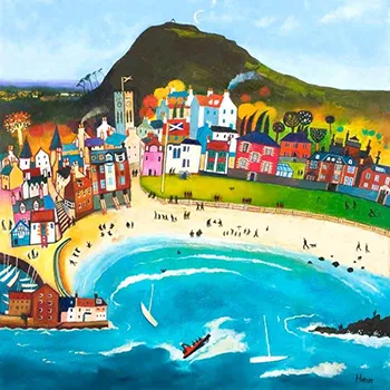 scottish artist Rob Hain - day out north berwick - colourful naive style coastal town from birds eye view