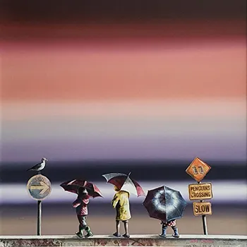 scottish artist Steve Johnston - penguin crossing - 3 children with umbrellas next to road signs and seagull